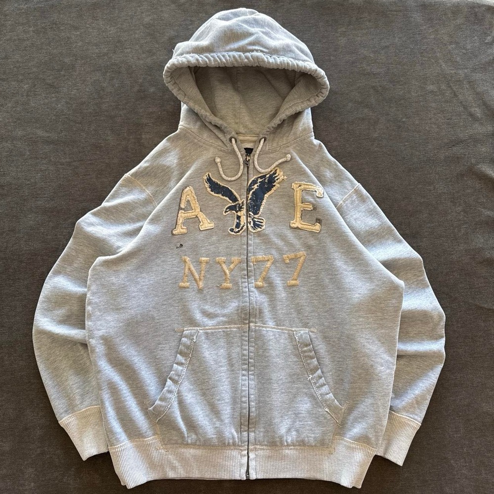 Vintage American Eagle Mens XXL Grey Zip Up Hoodie AE NY 77 Distressed Y2K Logo
